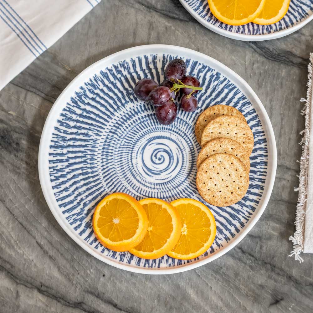 Merritt Designs Tribal Blue 10.75 inch Melamine Dinner Plate serving up snacks