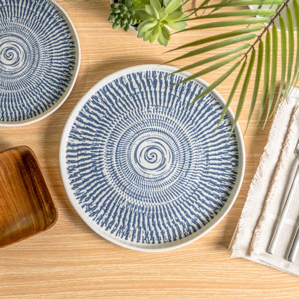 Merritt Designs Tribal Blue 10.75 inch Melamine Dinner Plate in a table setting