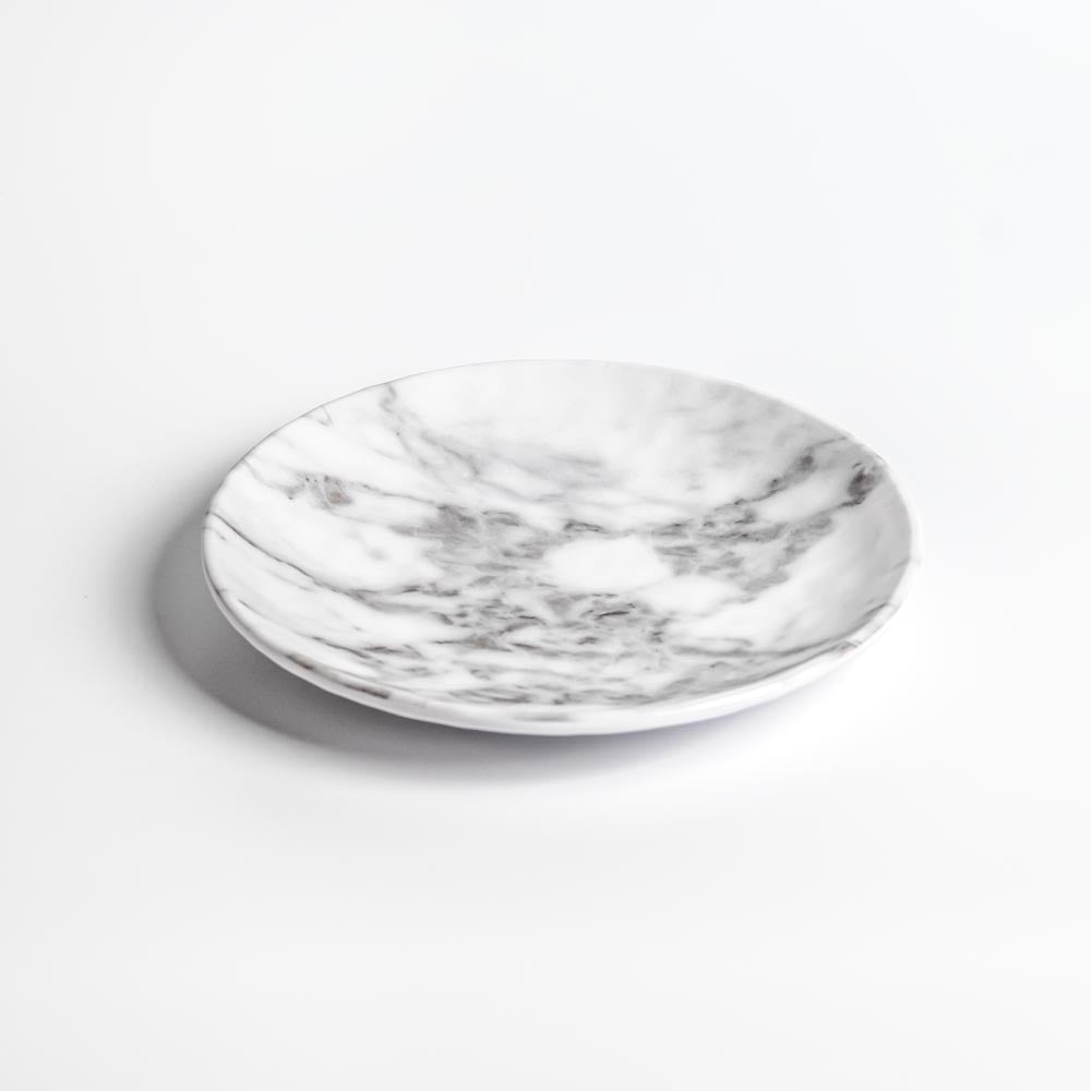Merritt Designs White Marble 8.5 inch melamine salad plate 3/4 view