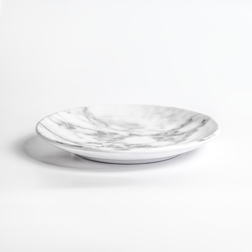 Merritt Designs White Marble 8.5 inch melamine salad plate side view