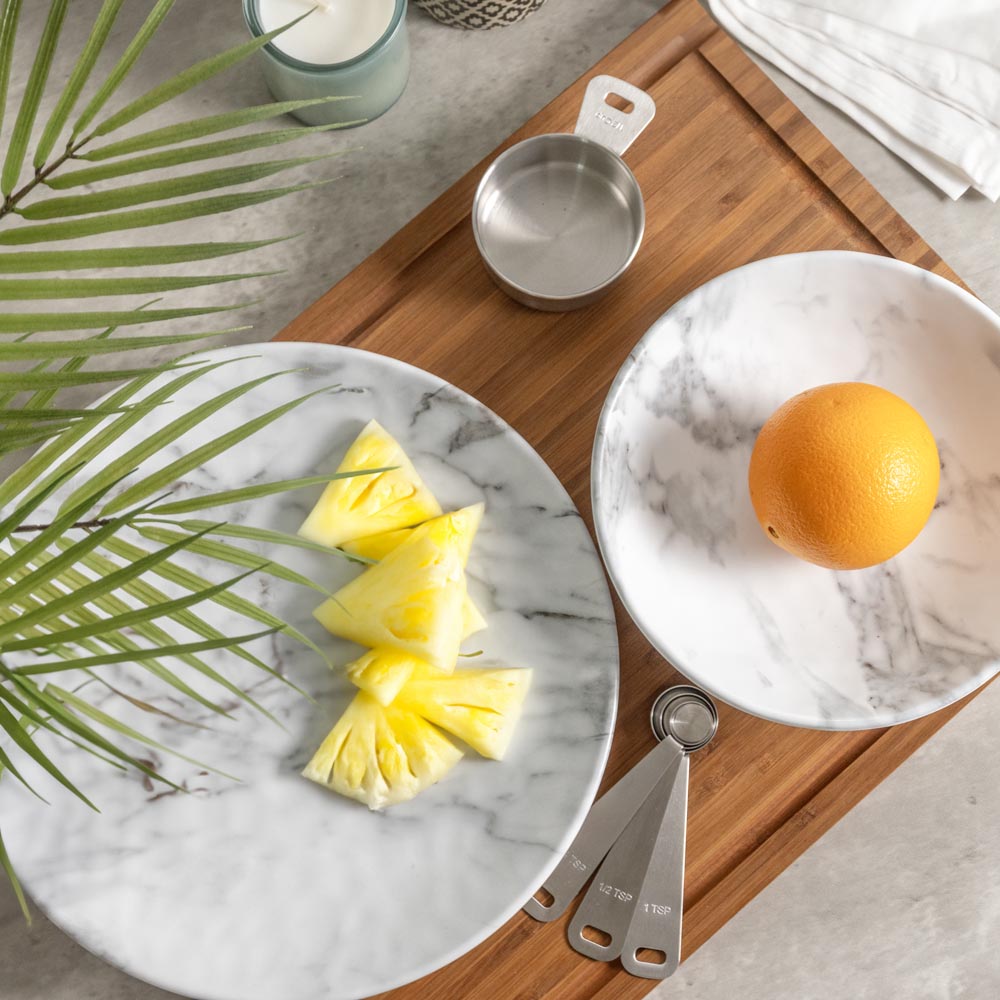 Merritt Designs White Marble 11 inch Round Melamine Dinner Plate serving up fresh fruit