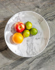 Merritt Designs White Marble 12 inch Round Melamine Serving Bowl full of fresh fruit