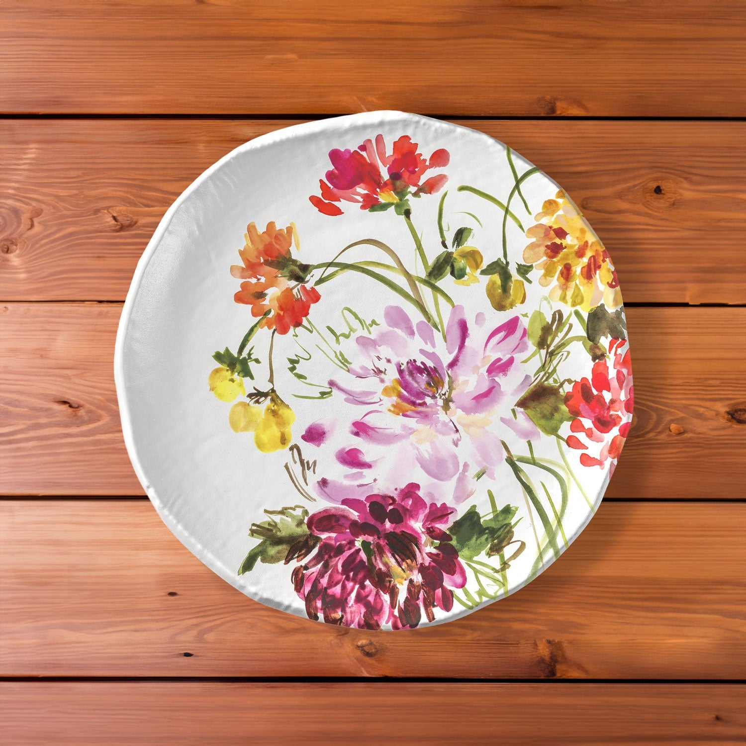 Garden Brights Collection by Kelly Ventura White 10.75 inch melamine plate on a wood table