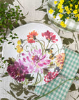 White, 10.75 inch melamine plate, Garden Brights Collection by Kelly Ventura with floral table setting