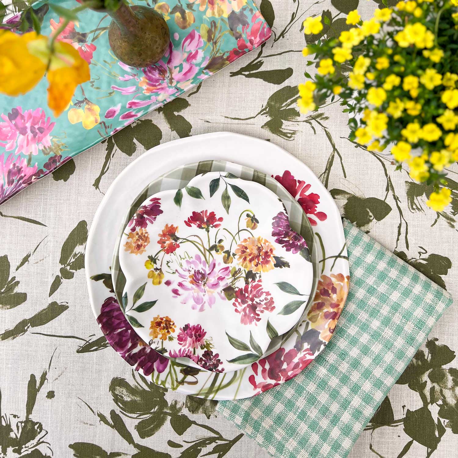White, 7.5 inch melamine salad plate, Garden Brights Collection by Kelly Ventura with a flora table setting
