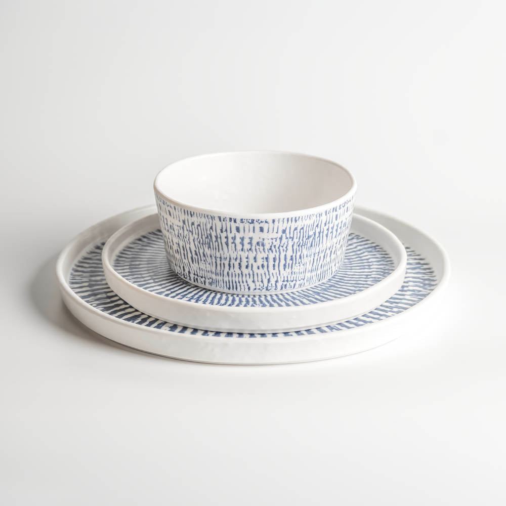 Merritt Designs Tribal Blue Melamine Dinnerware Collection stacked