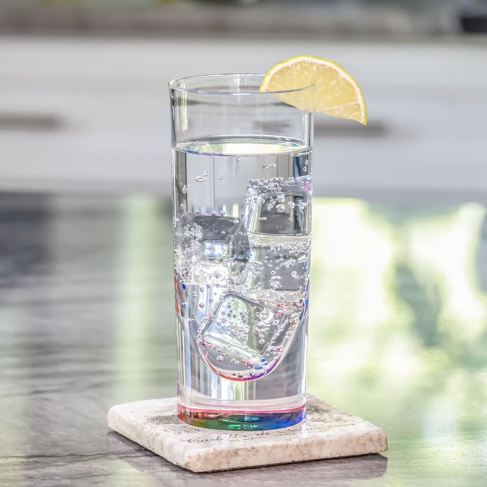 Merritt Designs Teardrop Rainbow 5oz Acrylic Tumbler with sparkling water