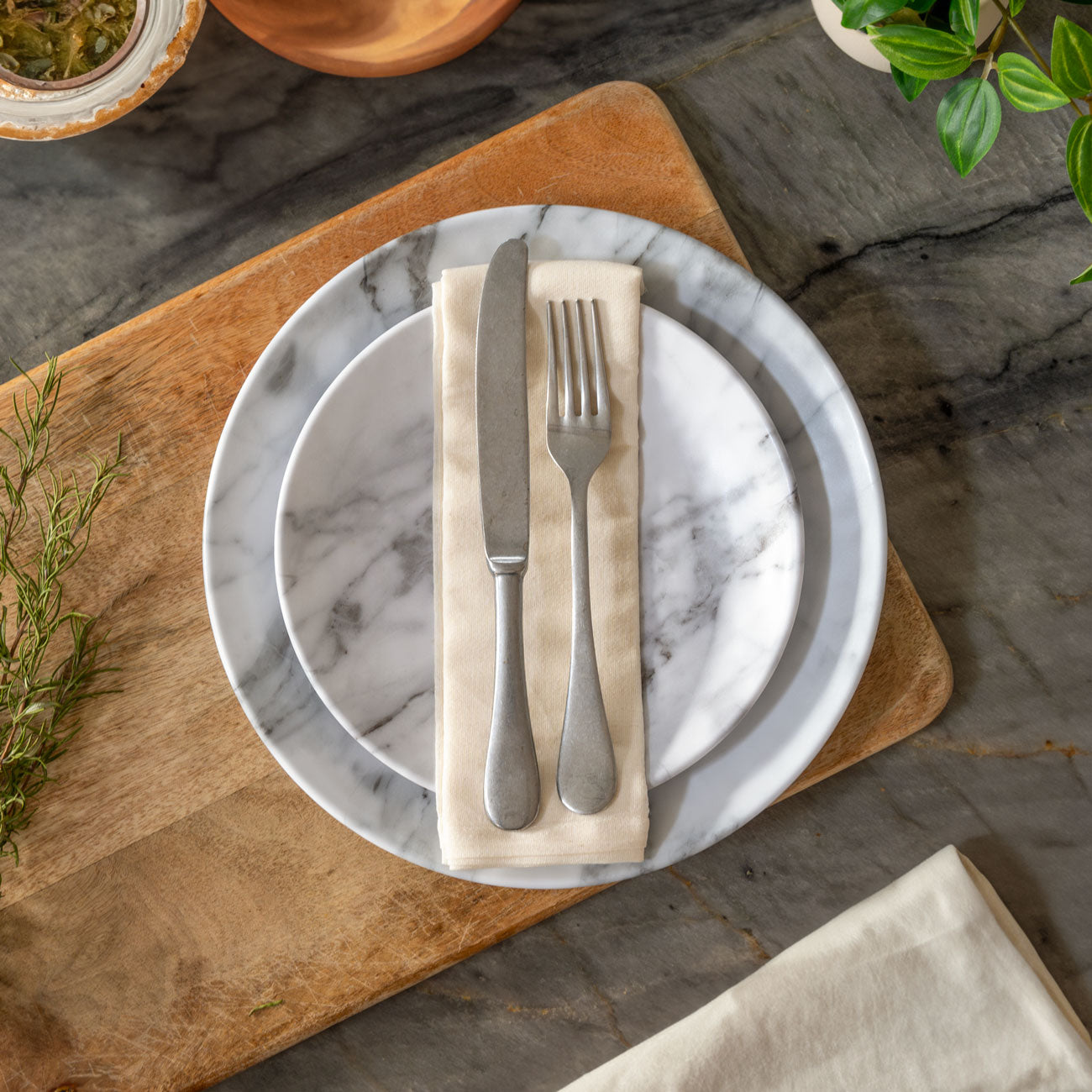 Merritt Designs White Marble Melamine Plastic Tableware Collection