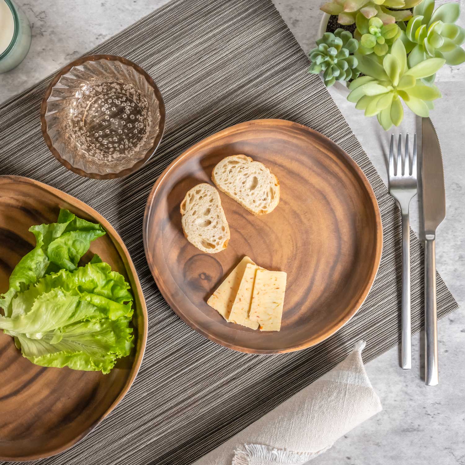 Merritt Designs Sequoia Wood 8-inch Salad Plate with dinner plate and silverware