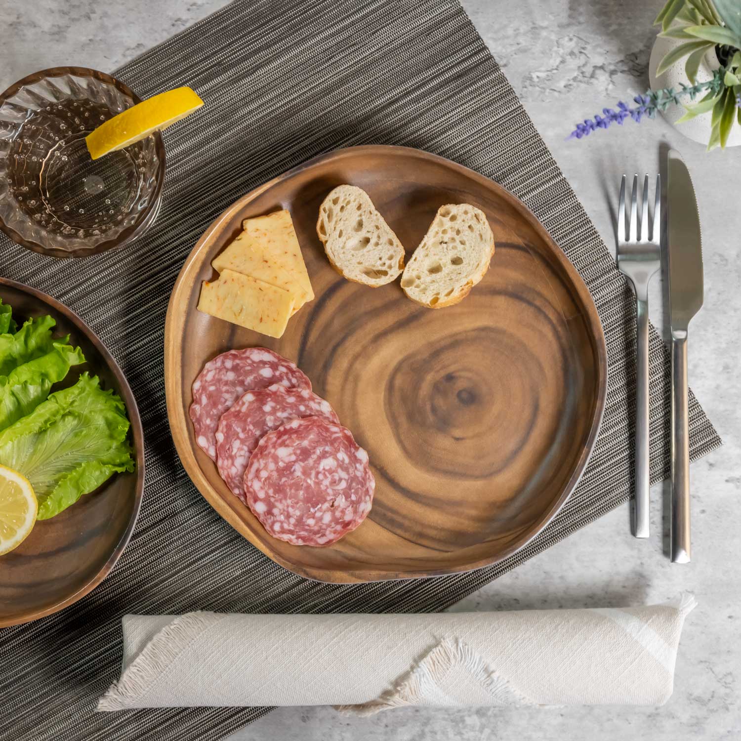 Merritt Designs Sequoia Wood 9.5-inch Dinner Plate with salad plate and table setting