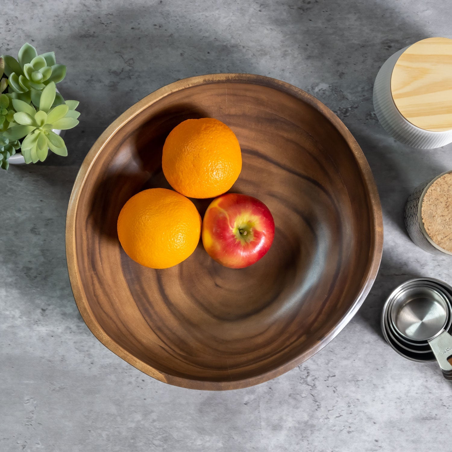 Melamine Wood Serving Bowl: Merritt Designs Sequoia 12.5-inch Bowl with various fruits