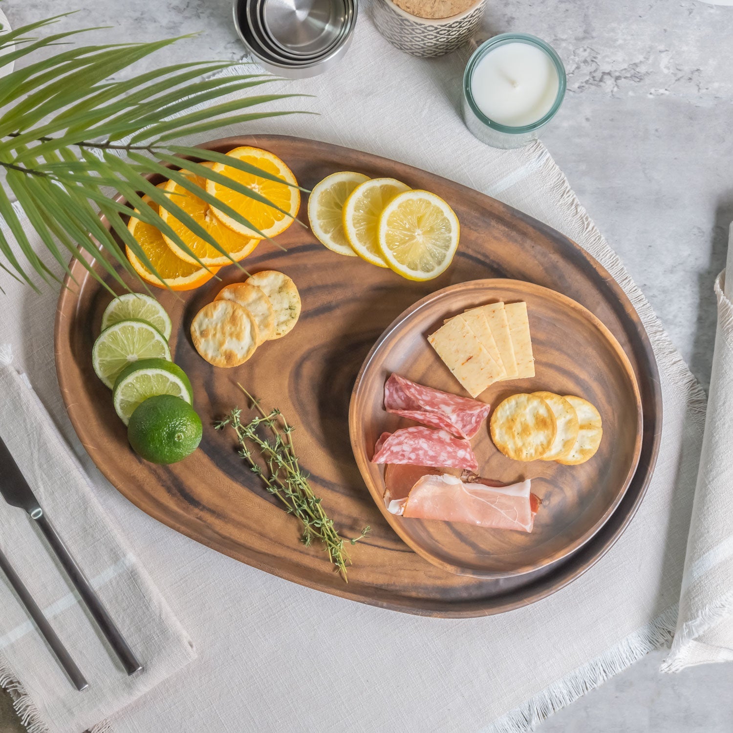 Melamine Wood Serving Tray: Merritt Designs Sequoia 17-inch Tray with select appetizers