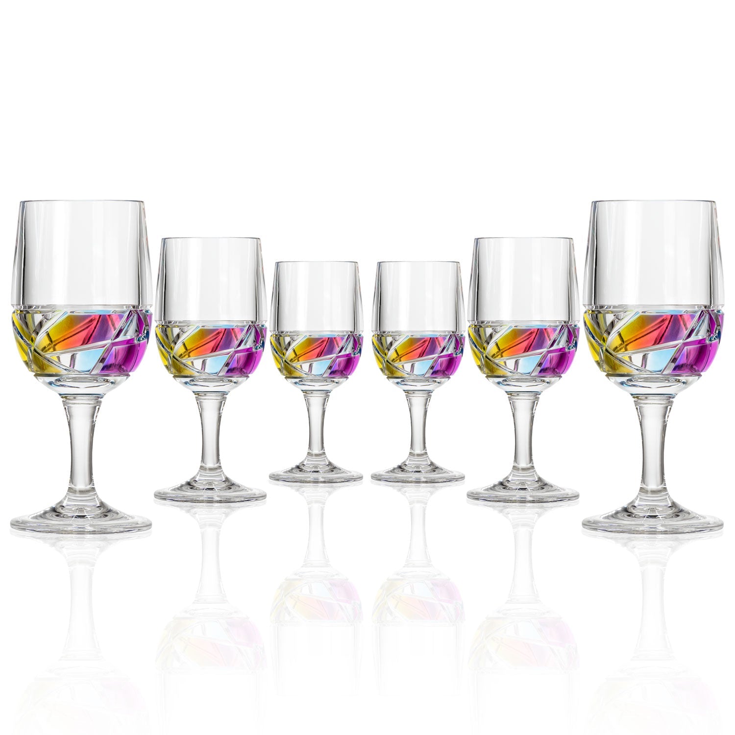 Set of 6 Colorful Stemmed Wine Glasses, Etched Wave Design, 3
