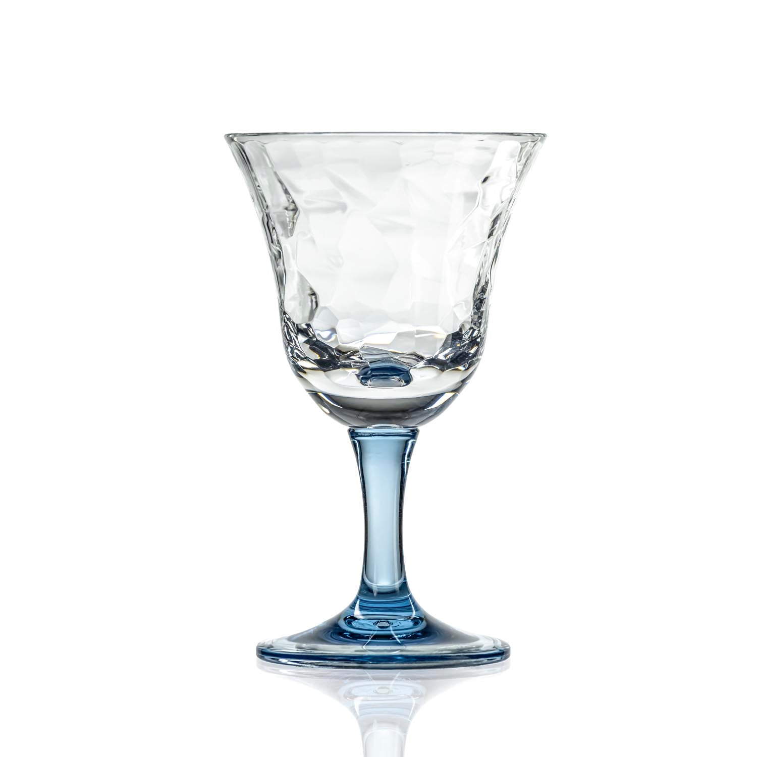 12-ounce blue acrylic wine glasses from the Merritt Designs Cascade collection. Front view on white background