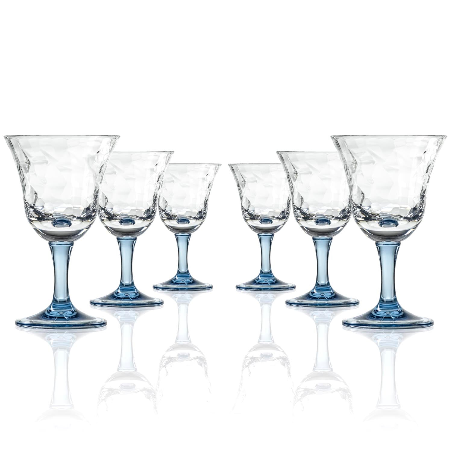 Set of 6, 12-ounce blue acrylic wine glasses from the Merritt Designs Cascade collection. Front view on white background
