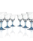 Set of 6, 12-ounce blue acrylic wine glasses from the Merritt Designs Cascade collection. Front view on white background