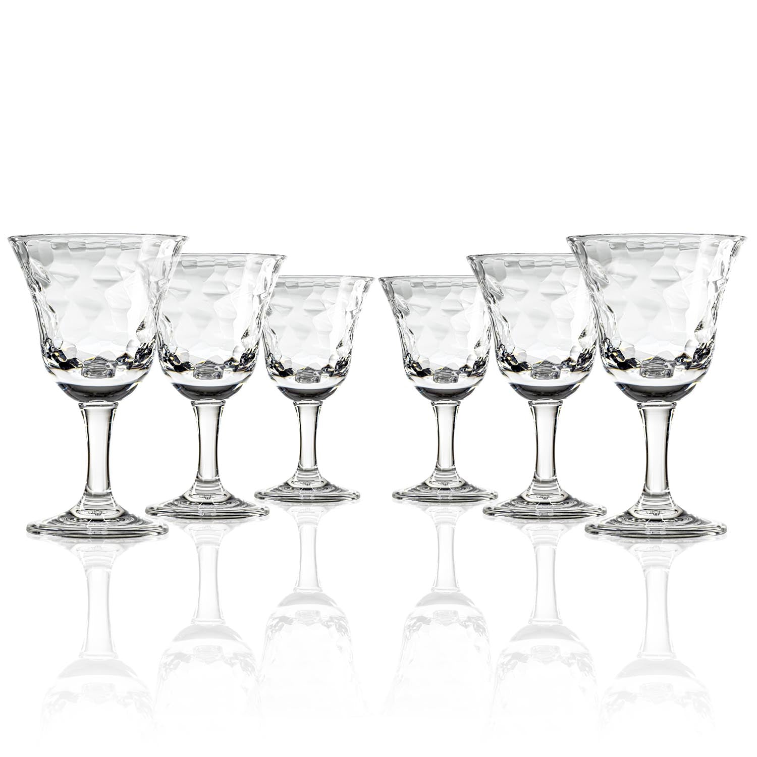Set of 6, 12-ounce clear acrylic wine glasses from the Merritt Designs Cascade collection. Front view on white background