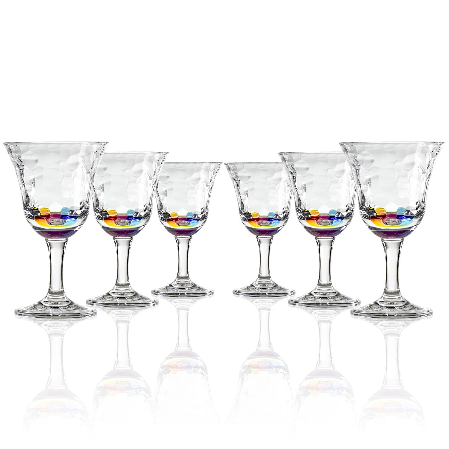 Set of 6, 12-ounce rainbow acrylic wine glasses from the Merritt Designs Cascade collection. Front view on white background
