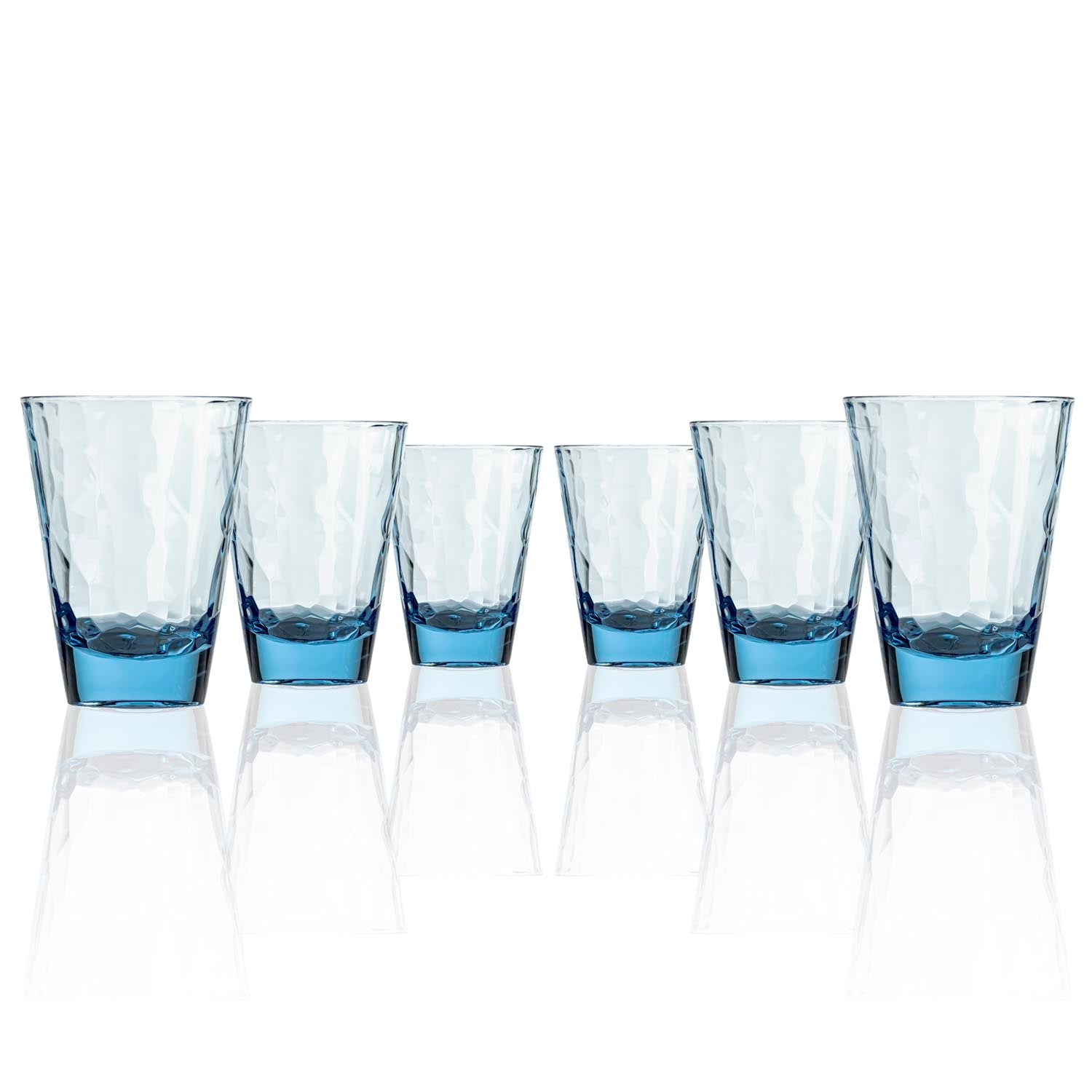 Set of 6, 14-ounce blue acrylic tumbler glasses from the Merritt Designs Cascade collection. Front view on white background