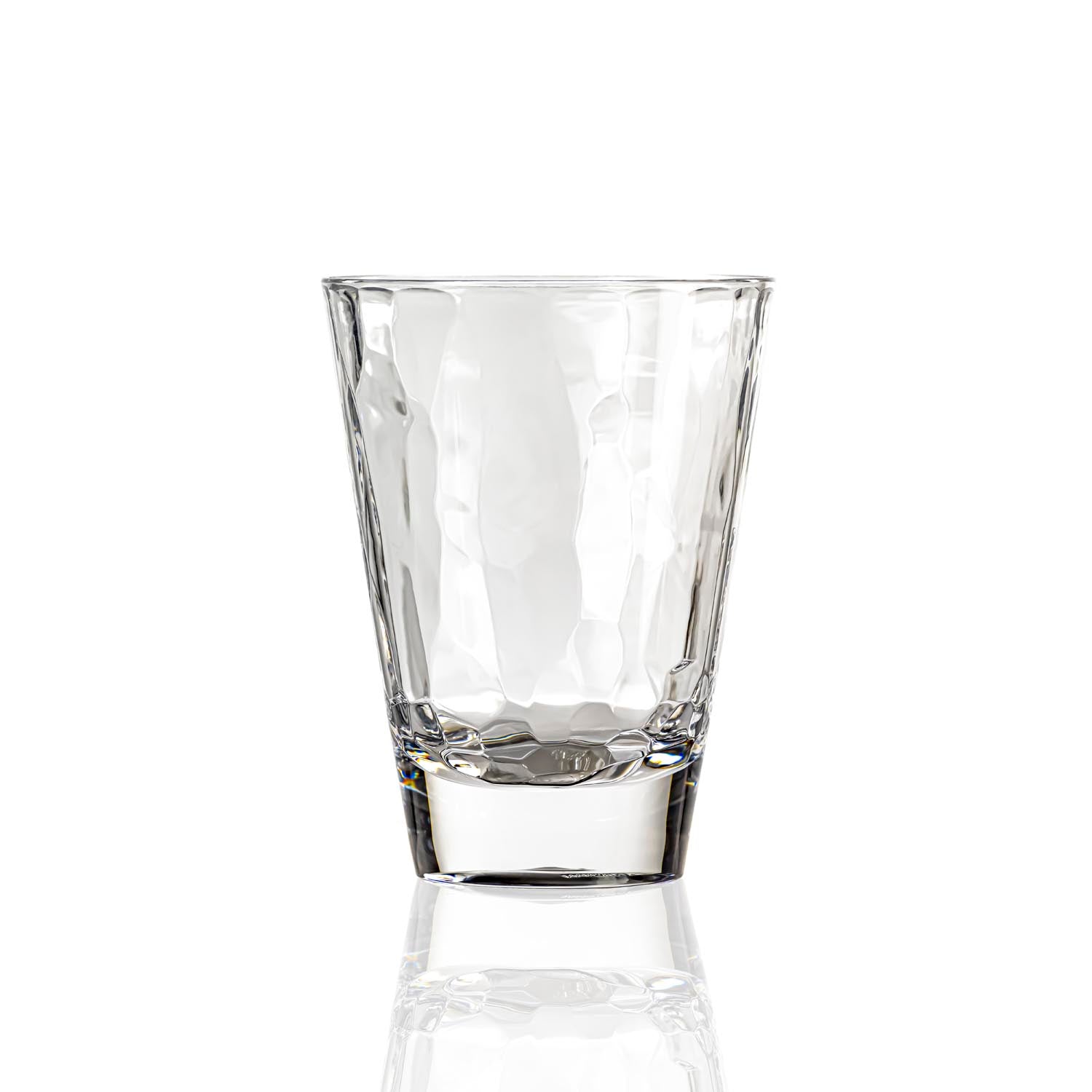 14-ounce clear acrylic tumbler glass from the Merritt Designs Cascade collection. Front view on white background