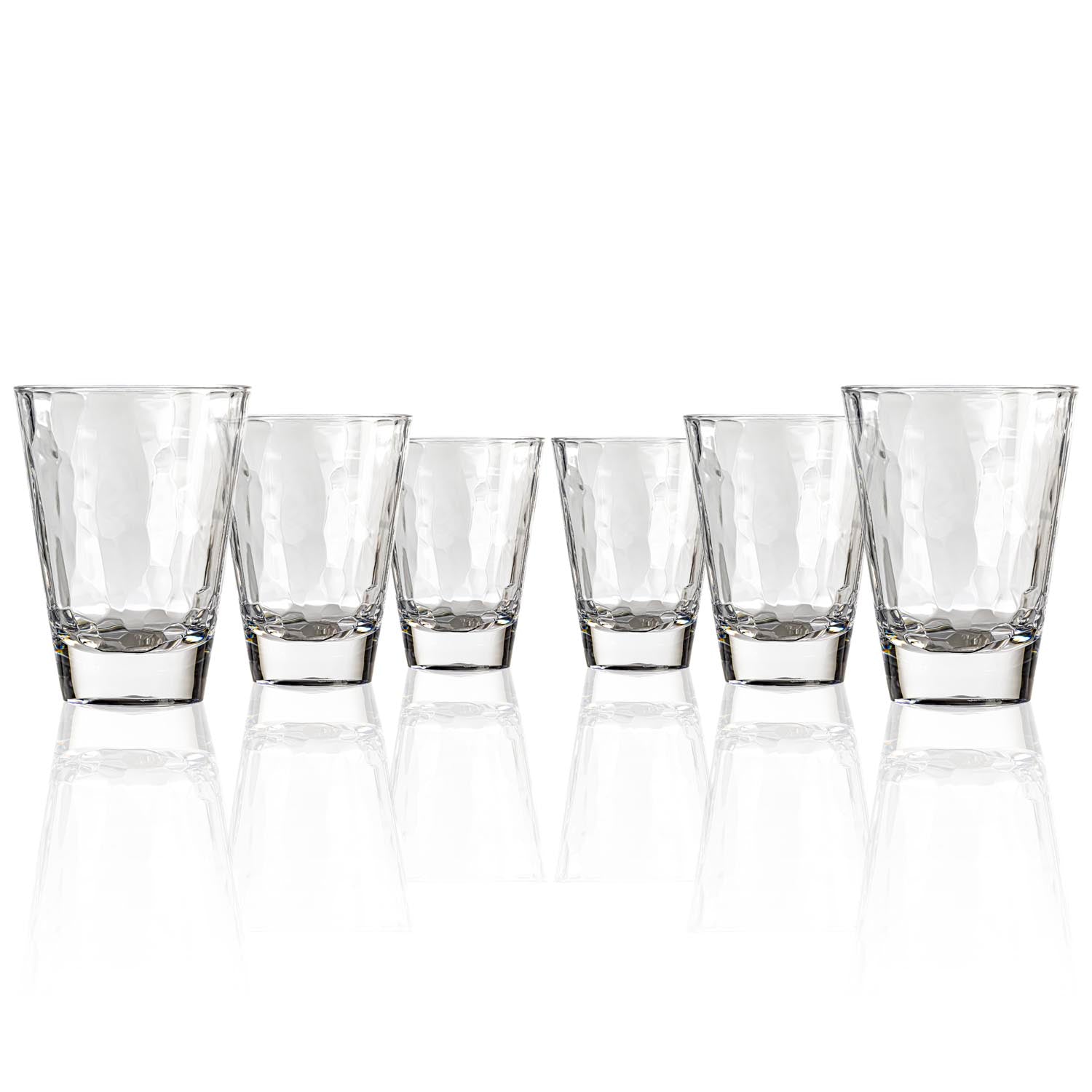 Set of 6, 14-ounce clear acrylic tumbler glasses from the Merritt Designs Cascade collection. Front view on white background