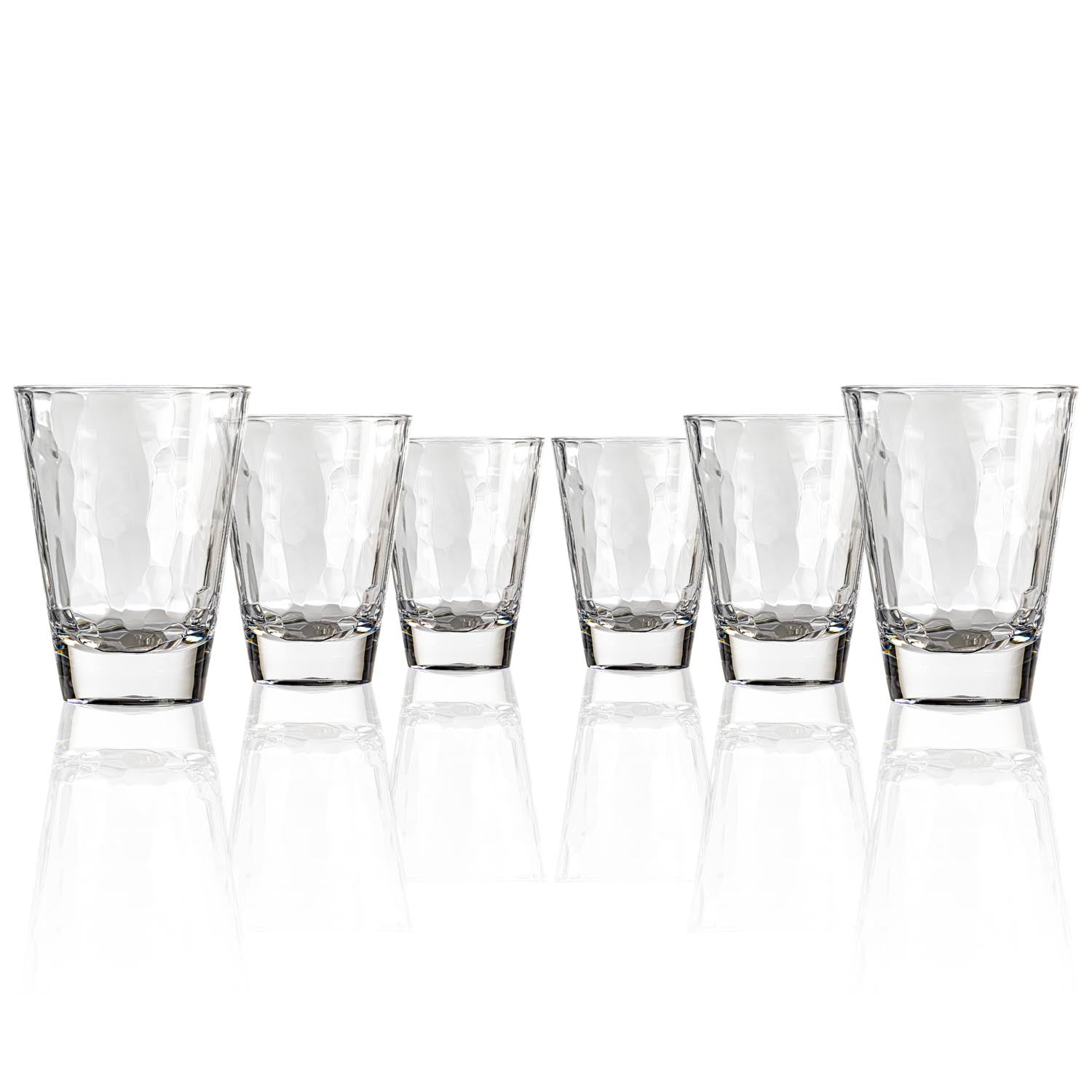 Set of 6, 14-ounce clear acrylic tumbler glasses from the Merritt Designs Cascade collection. Front view on white background