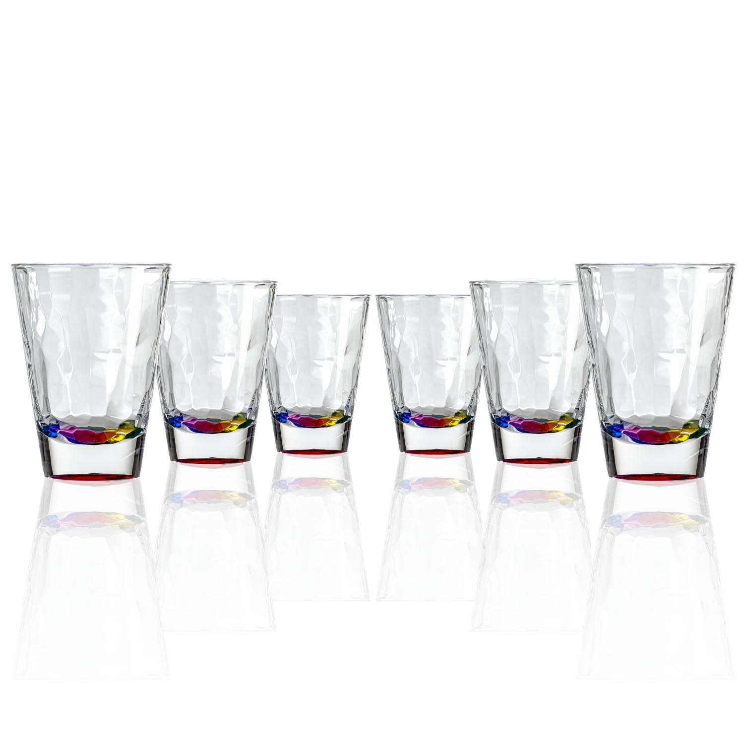 Set of 6, 14-ounce rainbow acrylic tumbler glasses from the Merritt Designs Cascade collection. Front view on white background