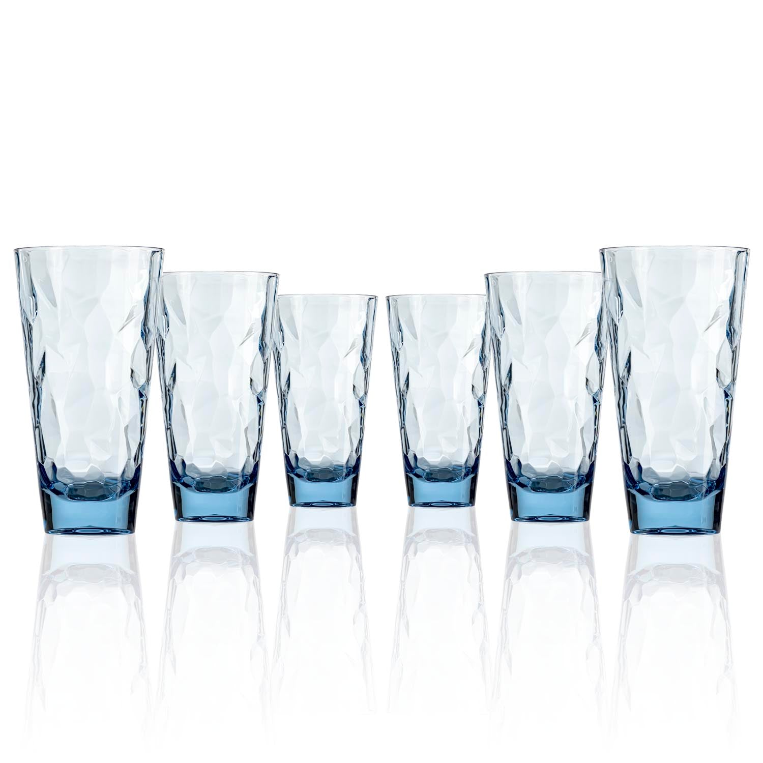 Set of 6, 17-ounce blue acrylic tumbler glasses from the Merritt Designs Cascade collection. Front view on white background