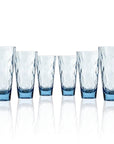 Set of 6, 17-ounce blue acrylic tumbler glasses from the Merritt Designs Cascade collection. Front view on white background