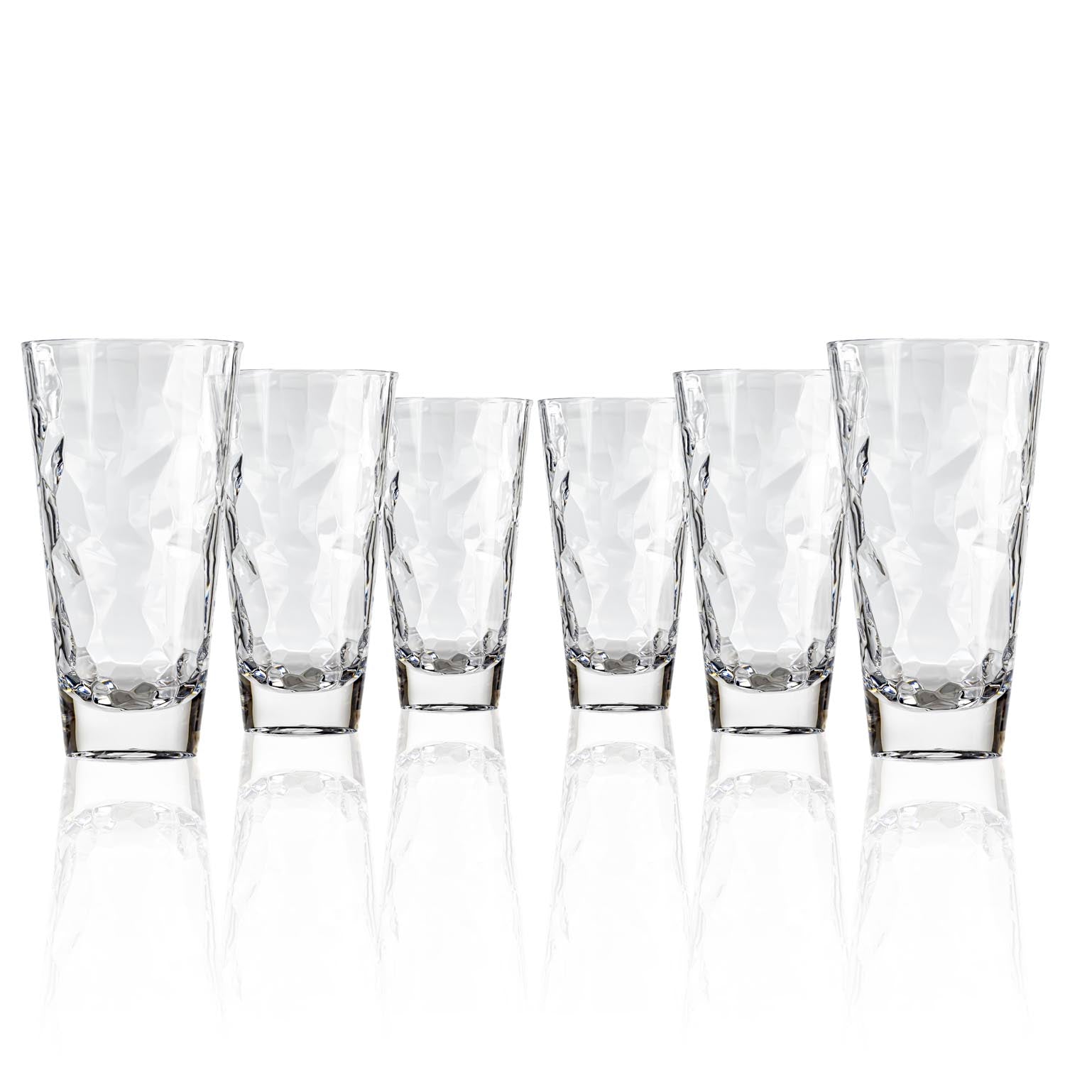 Set of 6, 17-ounce clear acrylic tumbler glasses from the Merritt Designs Cascade collection. Front view on white background