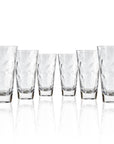 Set of 6, 17-ounce clear acrylic tumbler glasses from the Merritt Designs Cascade collection. Front view on white background