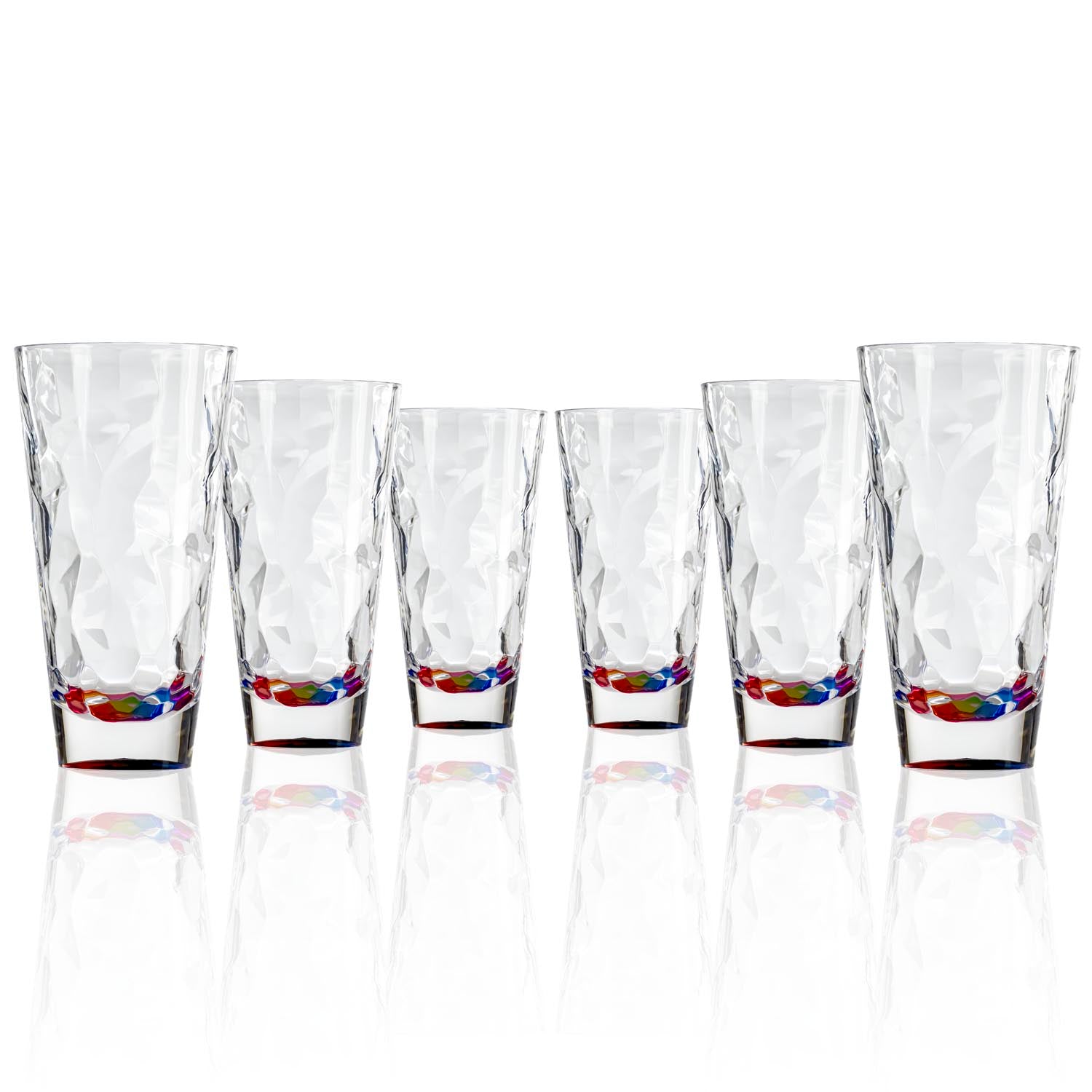 Set of 6, 17-ounce rainbow acrylic tumbler glasses from the Merritt Designs Cascade collection. Front view on white background