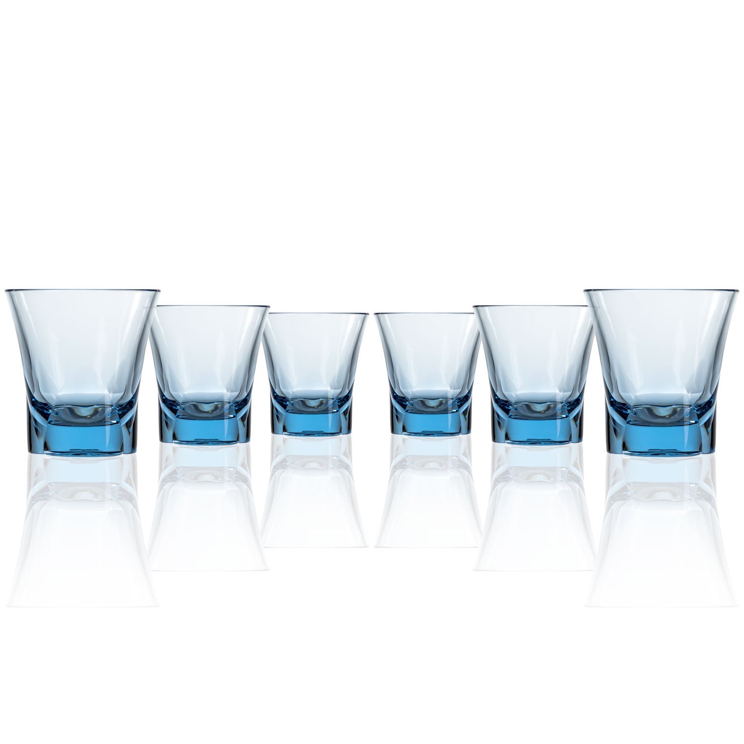 Set of 6, 10-ounce blue acrylic tumblers in the Fiori collection by Merritt Designs. Front view on white background