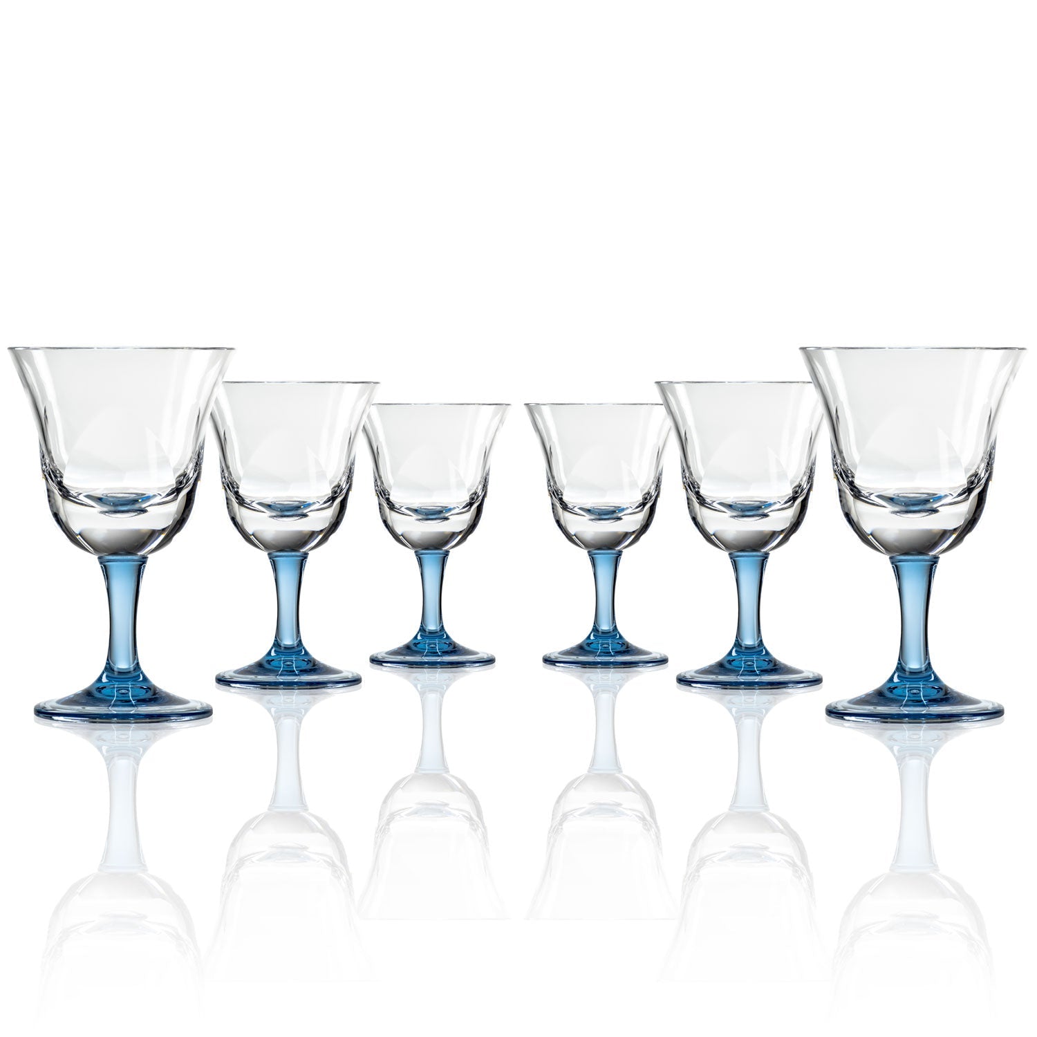 Set of 6, 10-ounce blue acrylic wine glasses in the Fiori collection by Merritt Designs. Front view on white background