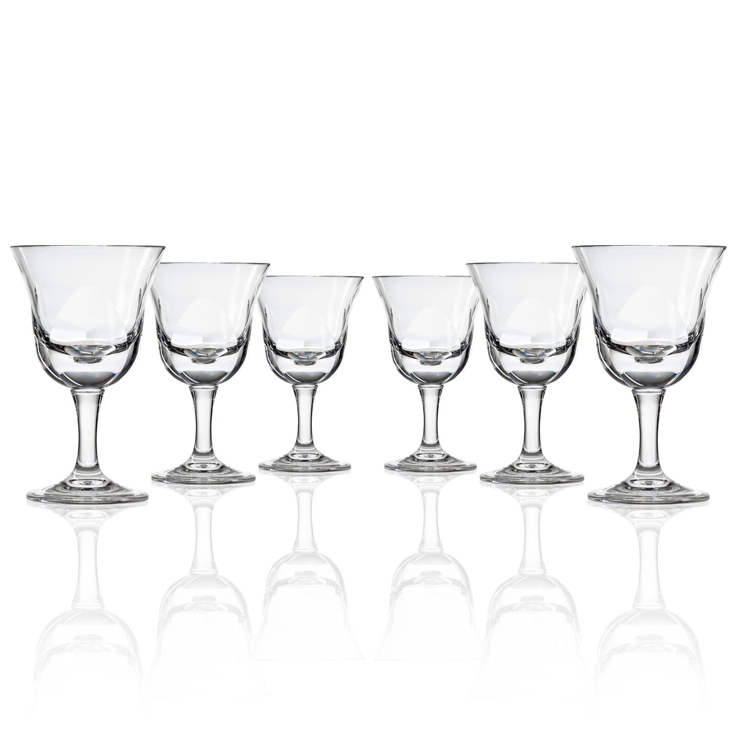 Set of 6, 10-ounce clear acrylic wine glasses in the Fiori collection by Merritt Designs. Front view on white background