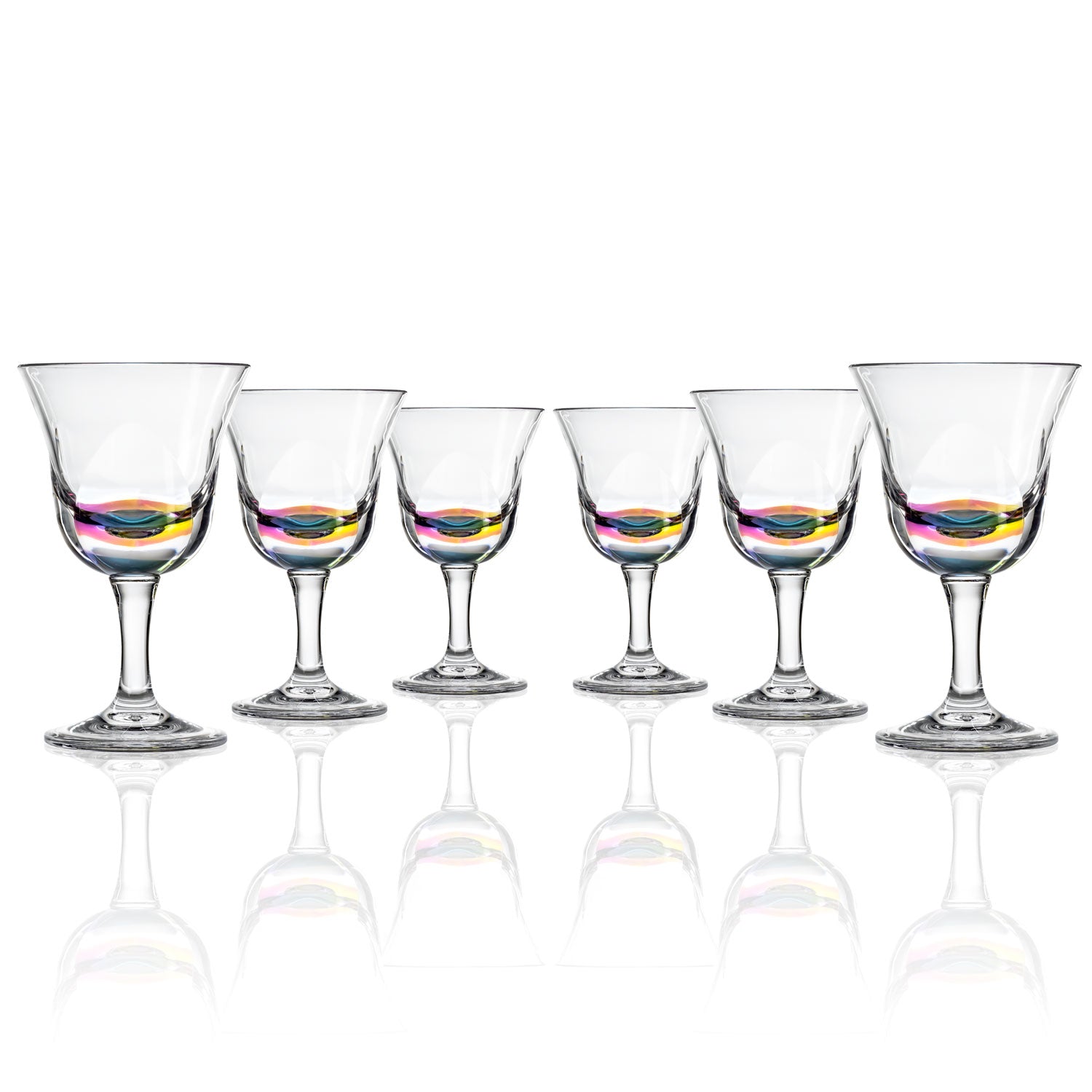 Set of 6, 10-ounce rainbow acrylic wine glasses in the Fiori collection by Merritt Designs. Front view on white background