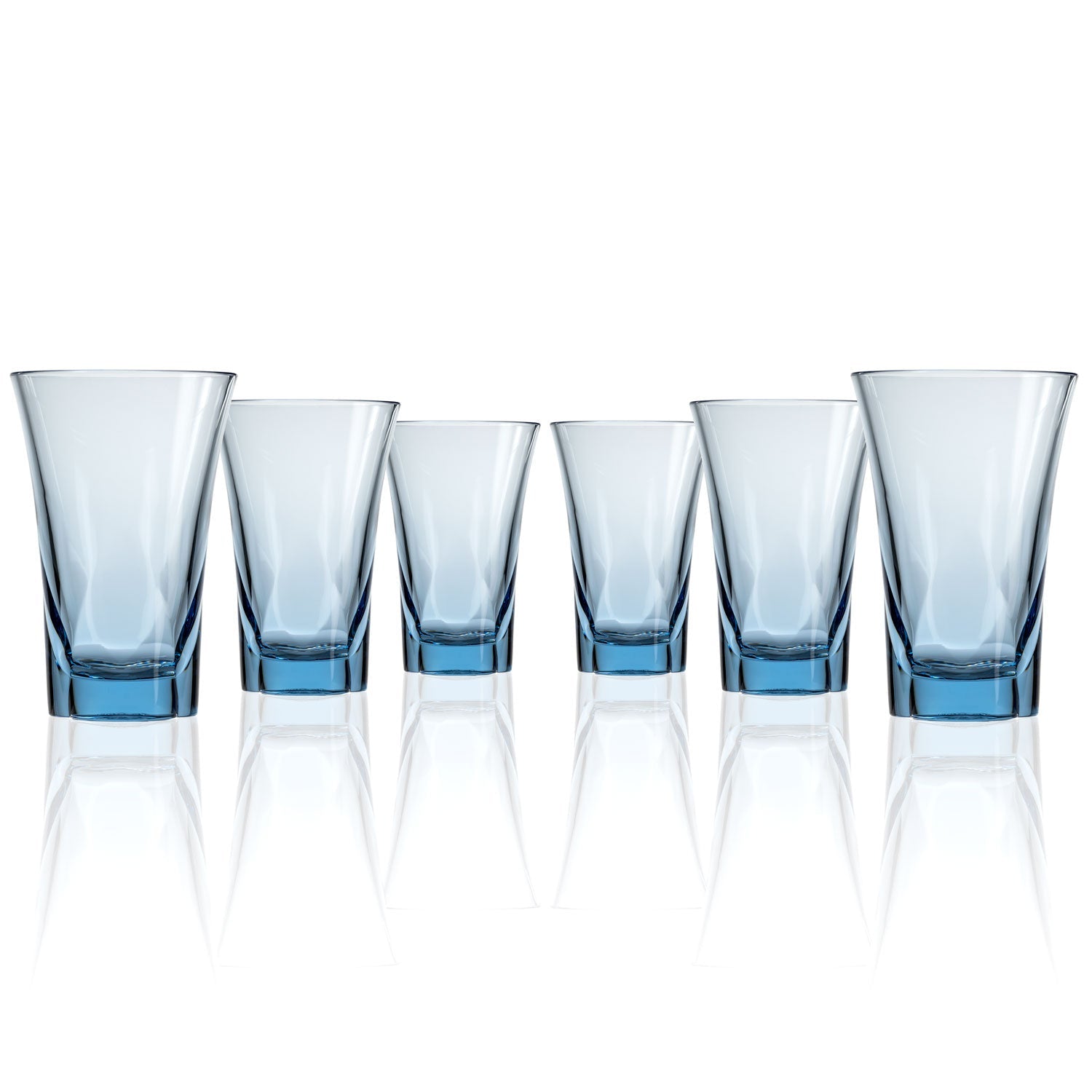 Set of 6, 16-ounce blue acrylic tumblers in the Fiori collection by Merritt Designs. Front view on white background