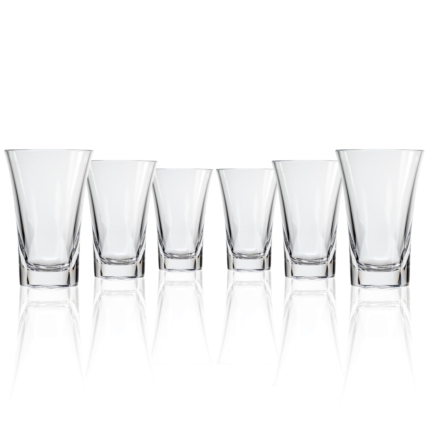 Set of 6, 16-ounce clear acrylic tumblers in the Fiori collection by Merritt Designs. Front view on white background