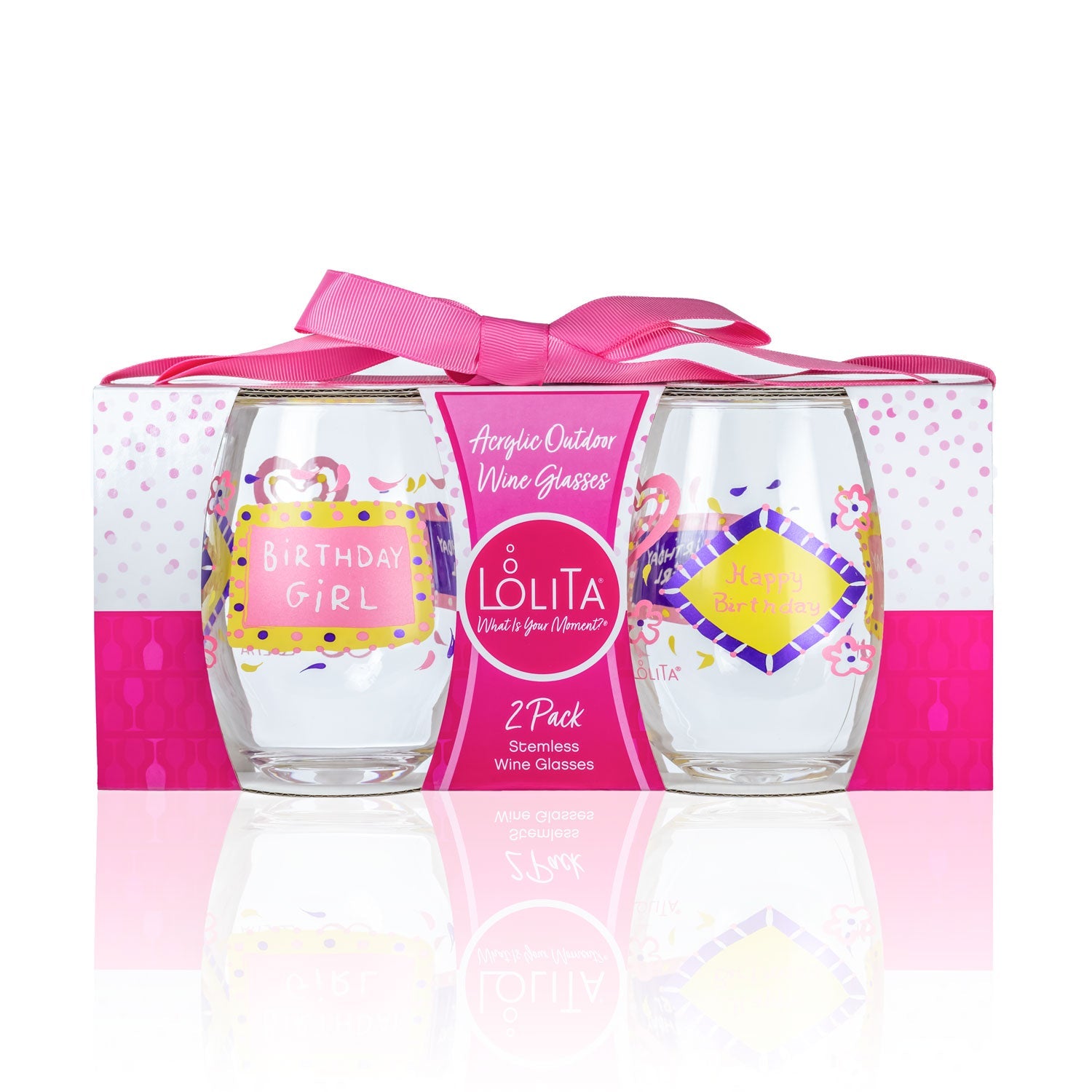 Lolita Birthday Girl Party to go 15oz Acrylic Stemless Wine Glasses set of 2 giftbox