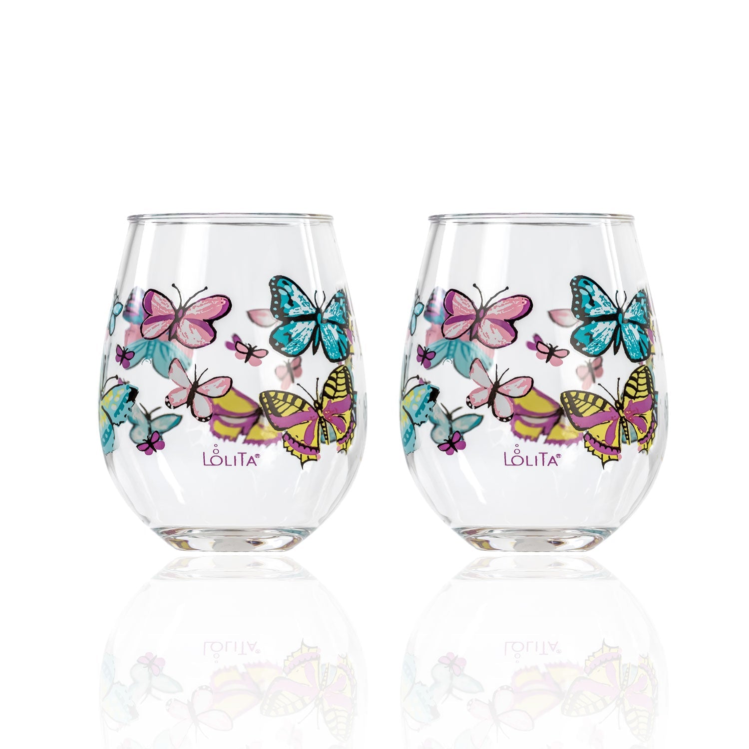 Lolita Butterfly Party to go 15oz Acrylic Stemless Wine Glasses set of 2