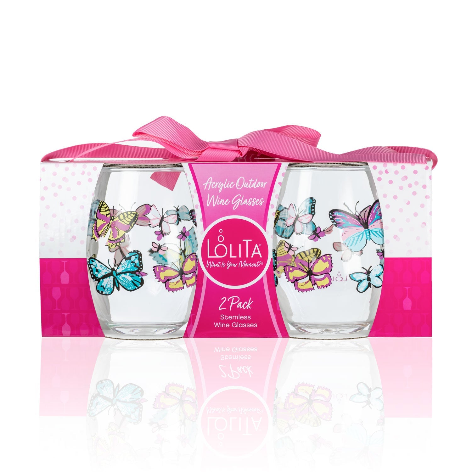 Lolita Butterfly Party to go 15oz Acrylic Stemless Wine Glasses set of 2 giftbox