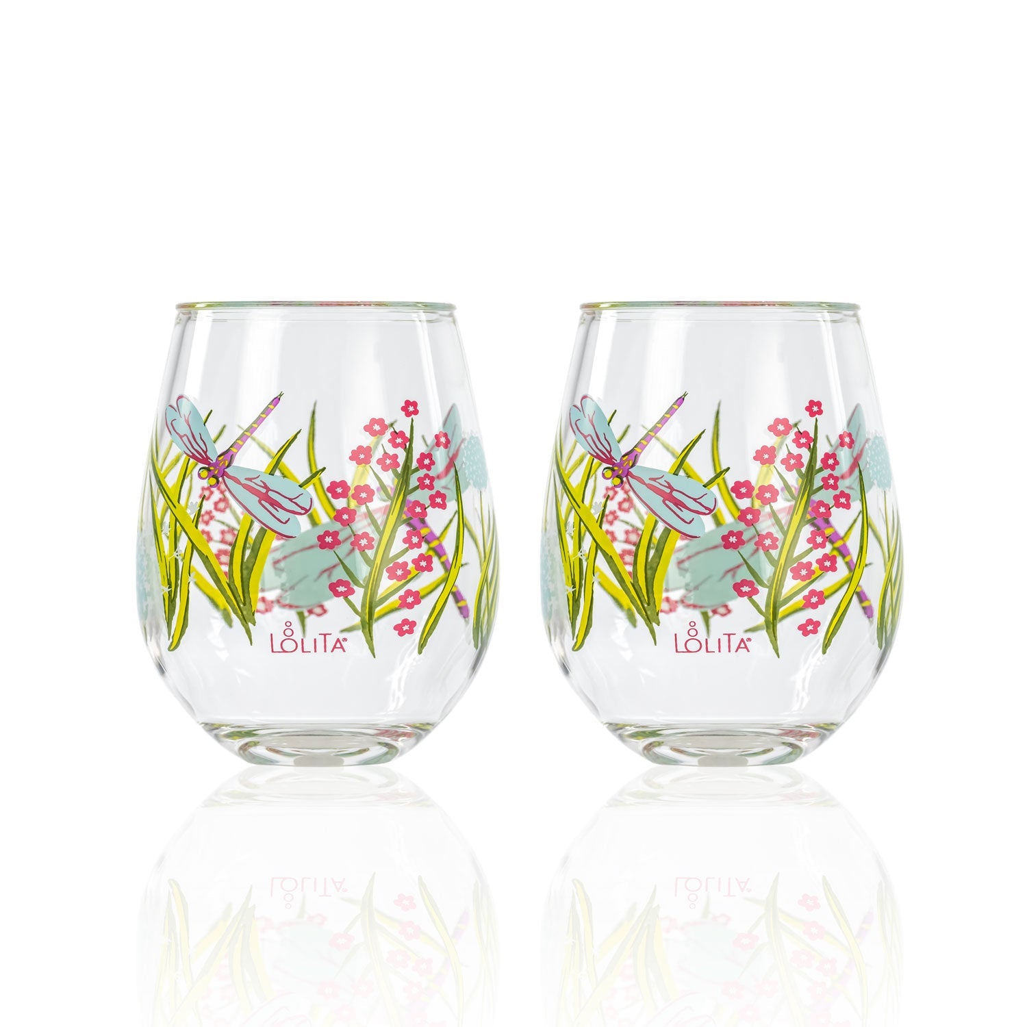 Lolita Dragonfly Party to go 15oz Acrylic Stemless Wine Glasses set of 2