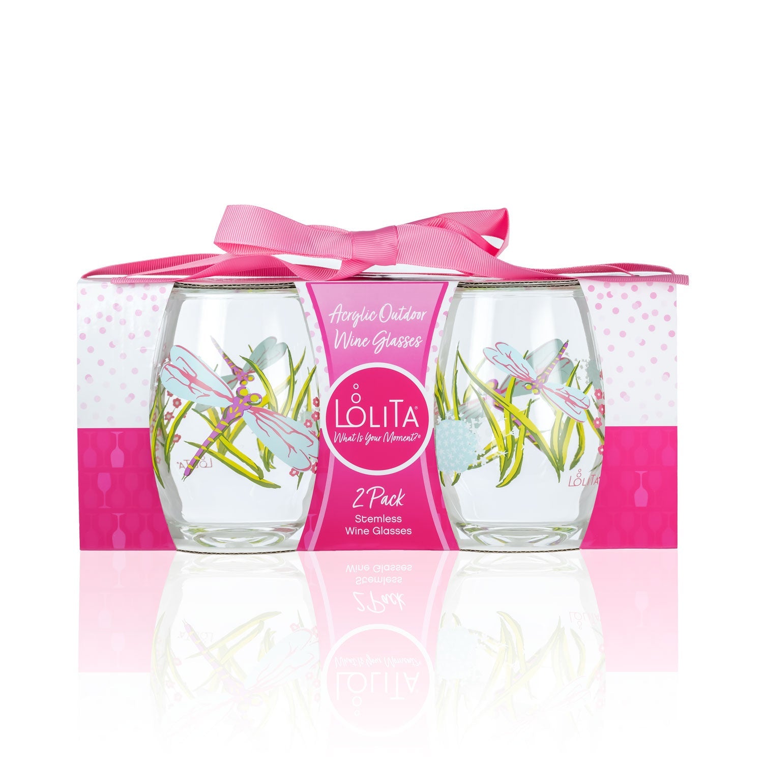 Lolita Dragonfly Party to go 15oz Acrylic Stemless Wine Glasses set of 2 giftbox
