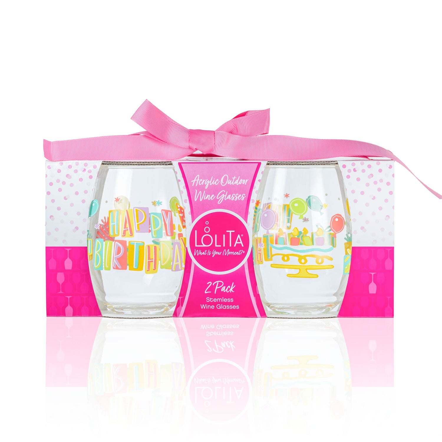 Lolita Happy Birthday Party to go 15oz Acrylic Stemless Wine Glasses set of 2 giftbox