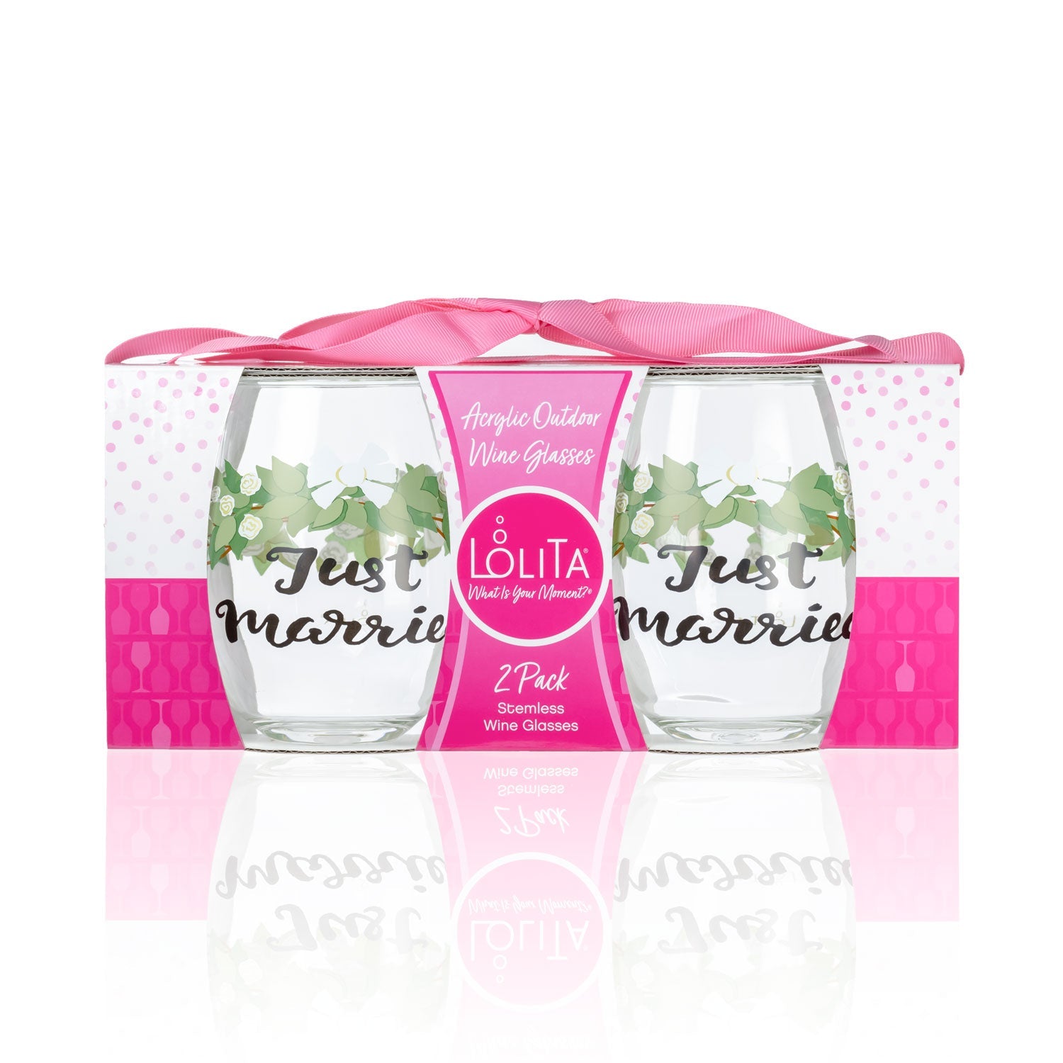 Lolita Just Married Party to go 15oz Acrylic Stemless Wine Glasses set of 2 giftbox