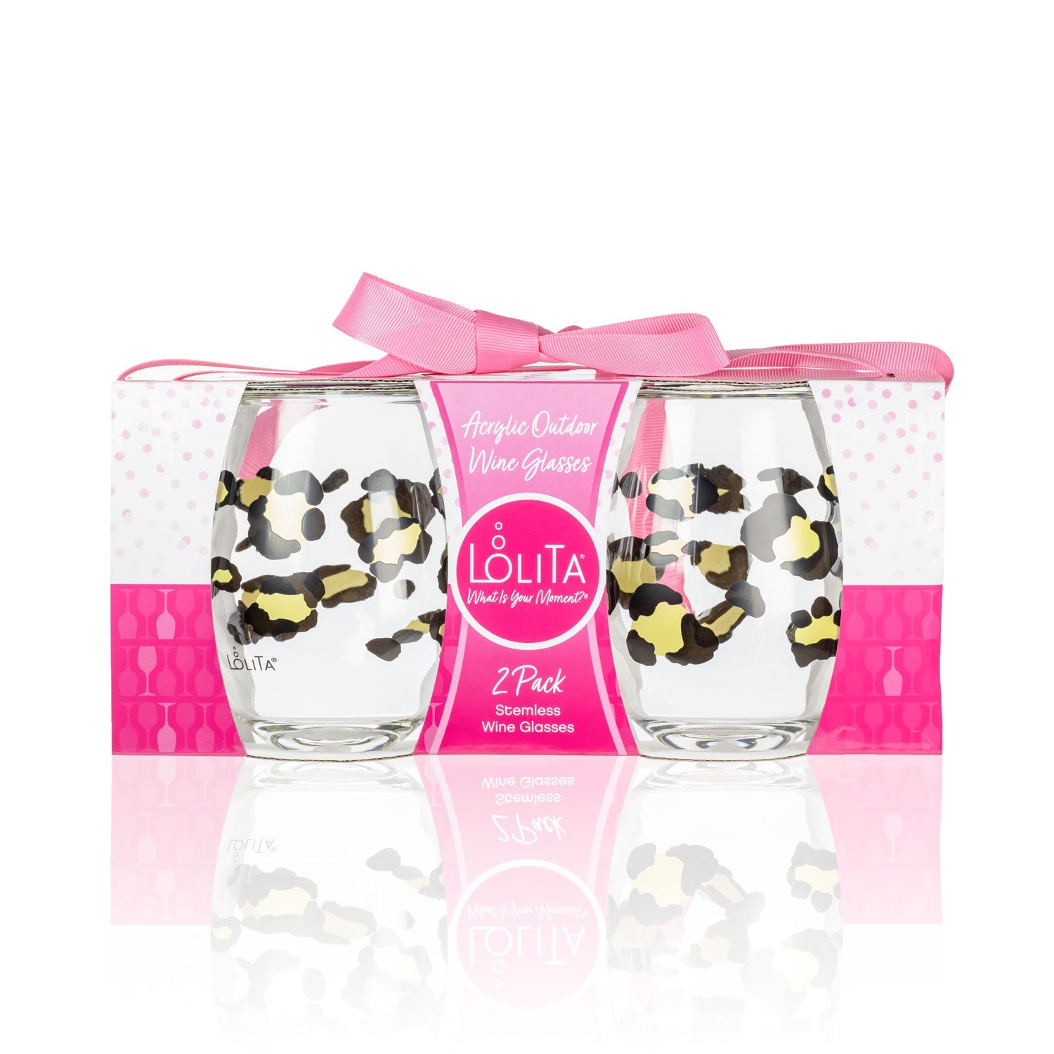 Lolita Leopard Print Party to go 15oz Acrylic Stemless Wine Glasses set of 2 giftbox