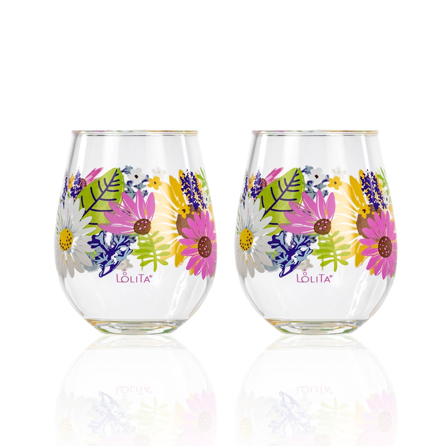 Lolita Wild Flower Party to go 15oz Acrylic Stemless Wine Glasses set of 2