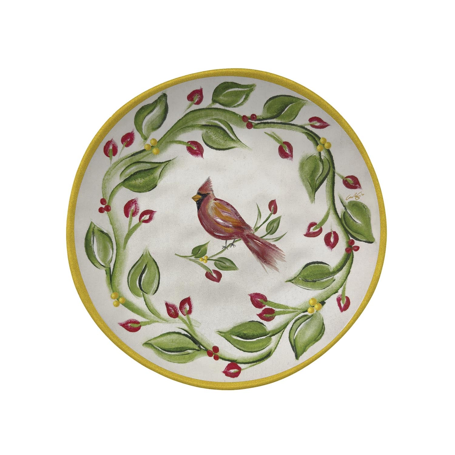 Cardinal Wreath 8.5in melamine salad plate by Merritt Designs