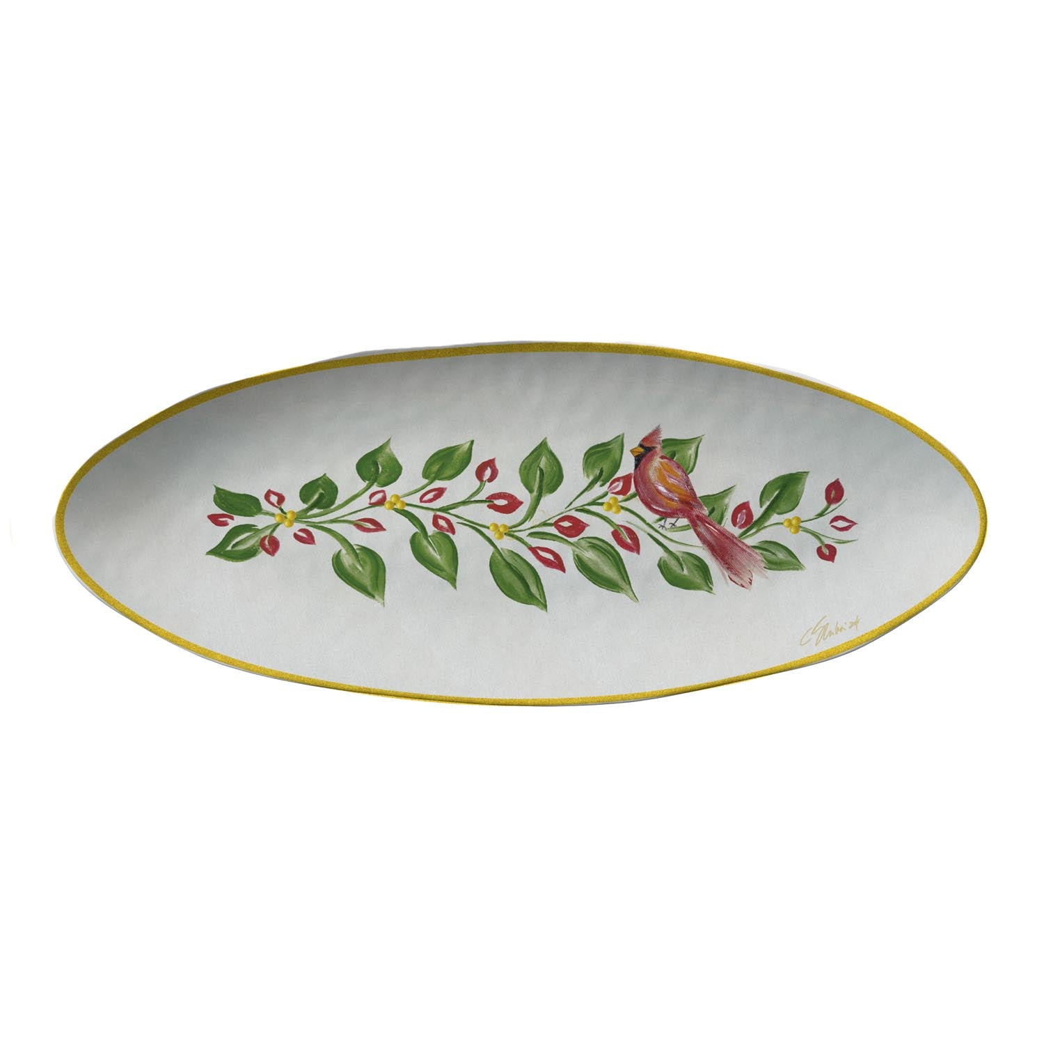 Cardinal Wreath 19in x 7.5in melamine appetizer tray by Merritt Designs