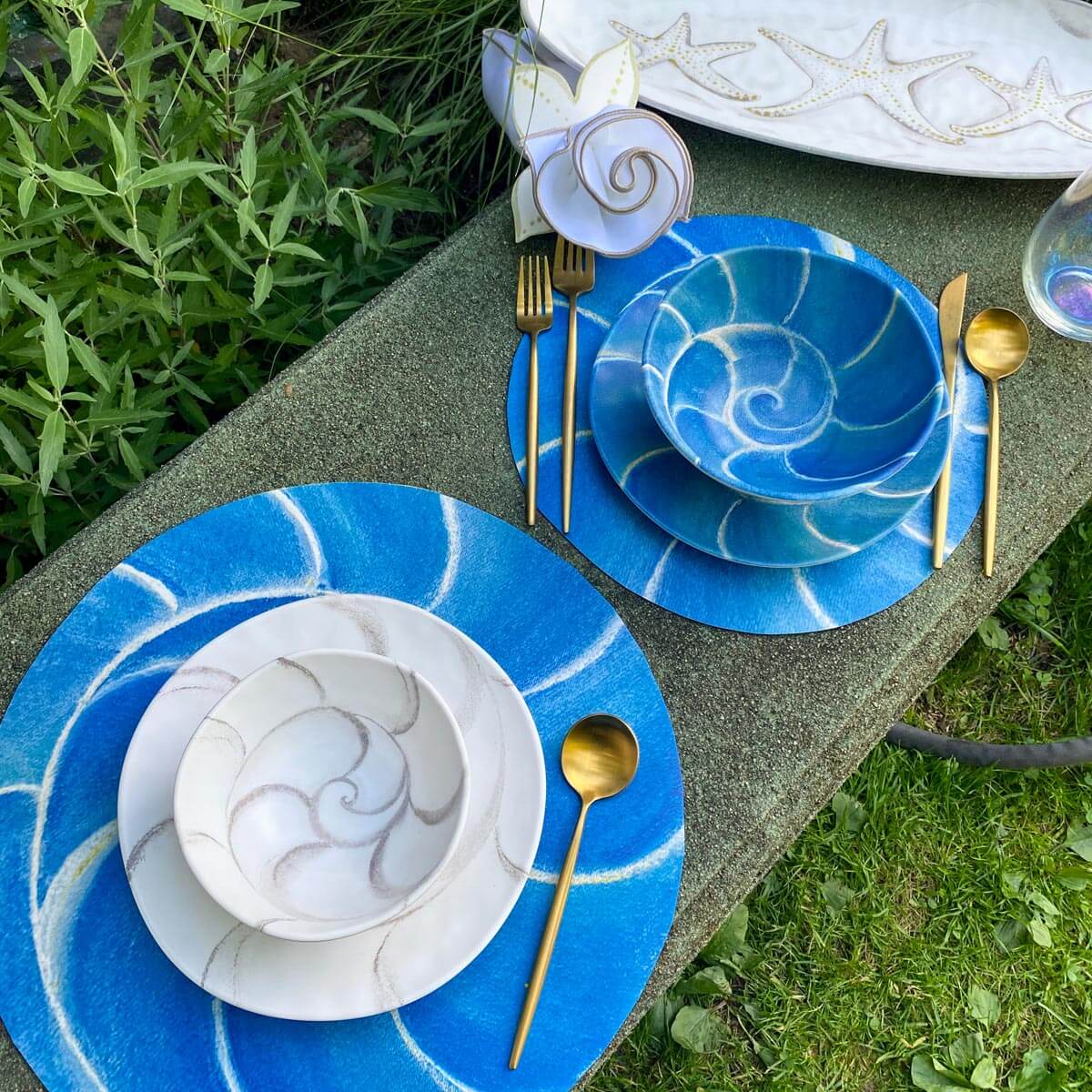 Shoreline Blue Nautilius Melamine Tableware Collection by Carole Shiber and Merritt Designs